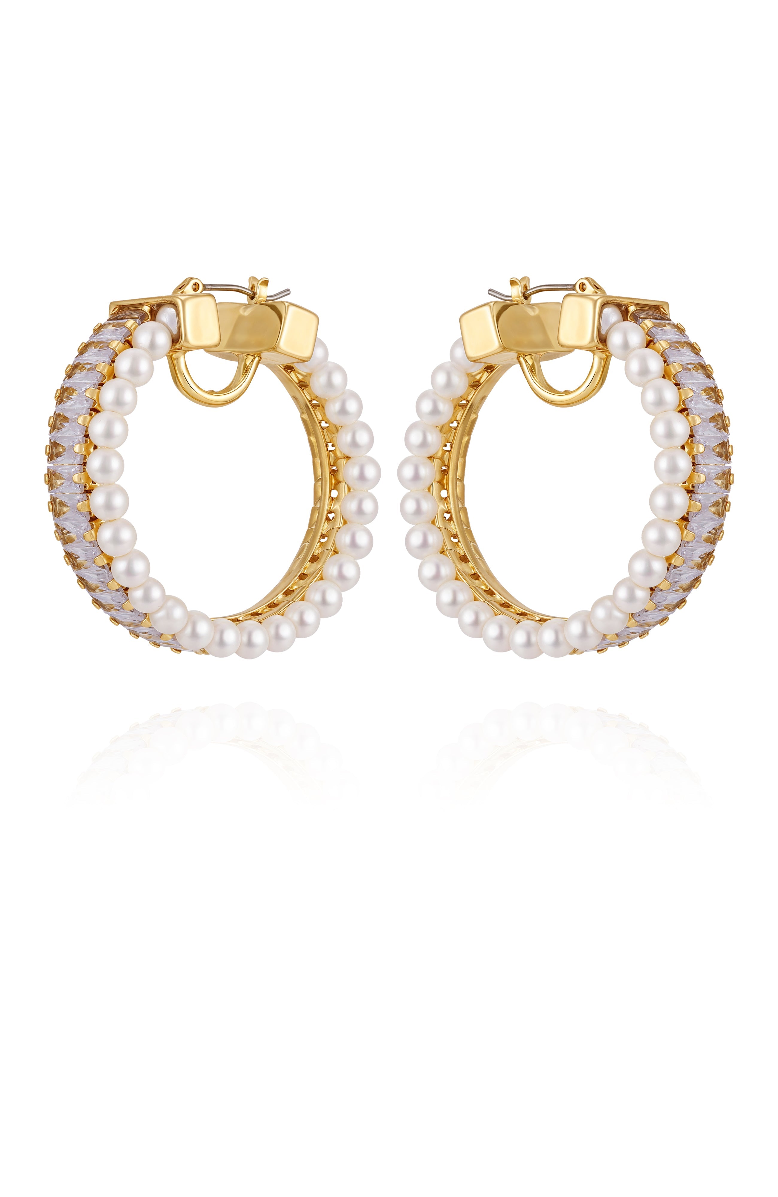 Goldtone Hoop Earrings With Pearls Baguette Crystals