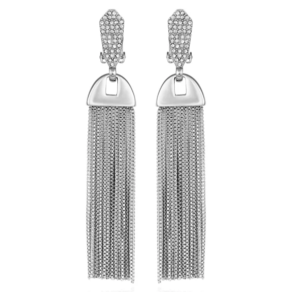 Silvertone Pave Tassel Drop Clip On Earrings