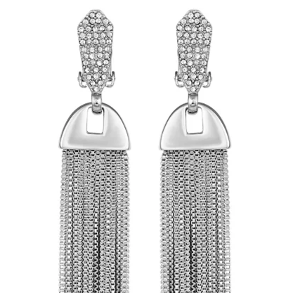 Silvertone Pave Tassel Drop Clip On Earrings