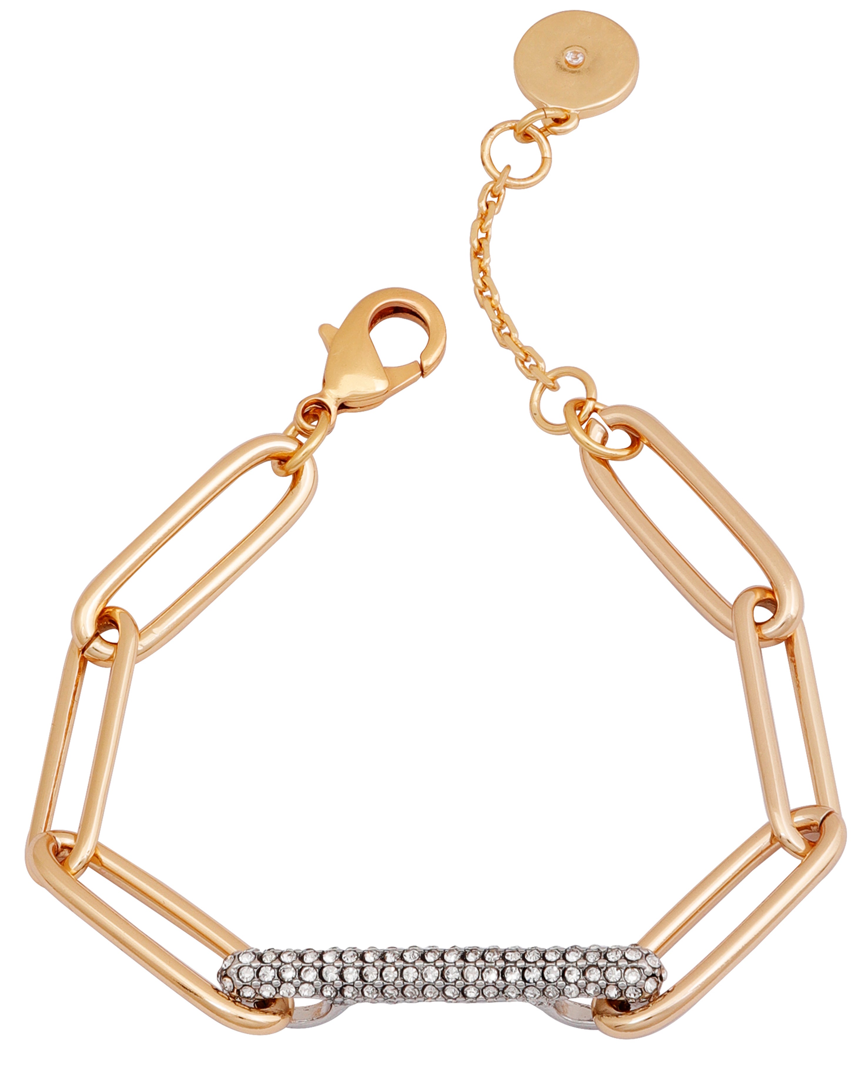 Gold Tone Paperclip Link Chain Bracelet With Crystal Stone Pave Bar